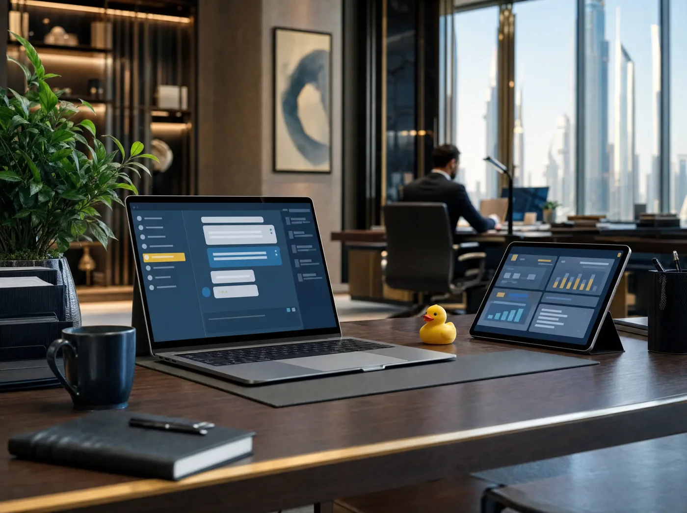 A desk with a laptop showing a chat assistant panel, a tablet on a stand showing a chart dashboard, and a small yellow rubber duck between them.
