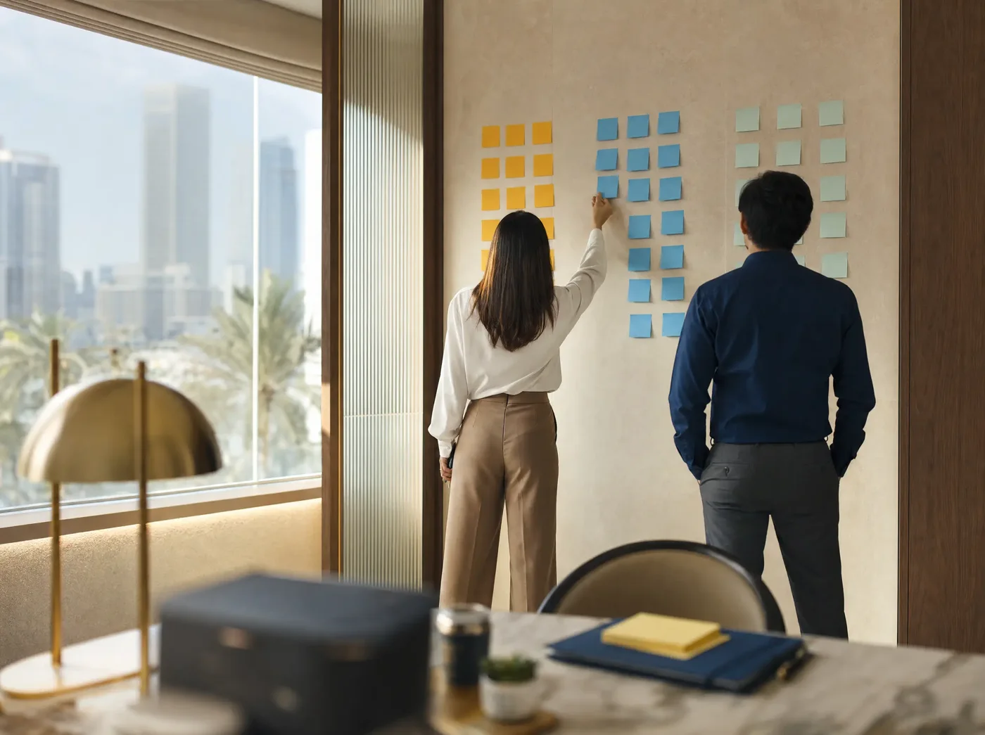 Two people seen from behind at a wall of yellow, blue and teal sticky notes, one of them reaching up to place a note.