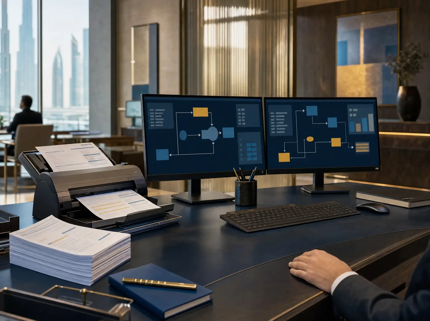 A desk with a document scanner feeding printed pages, a stack of paper beside it and two monitors showing a process flowchart.