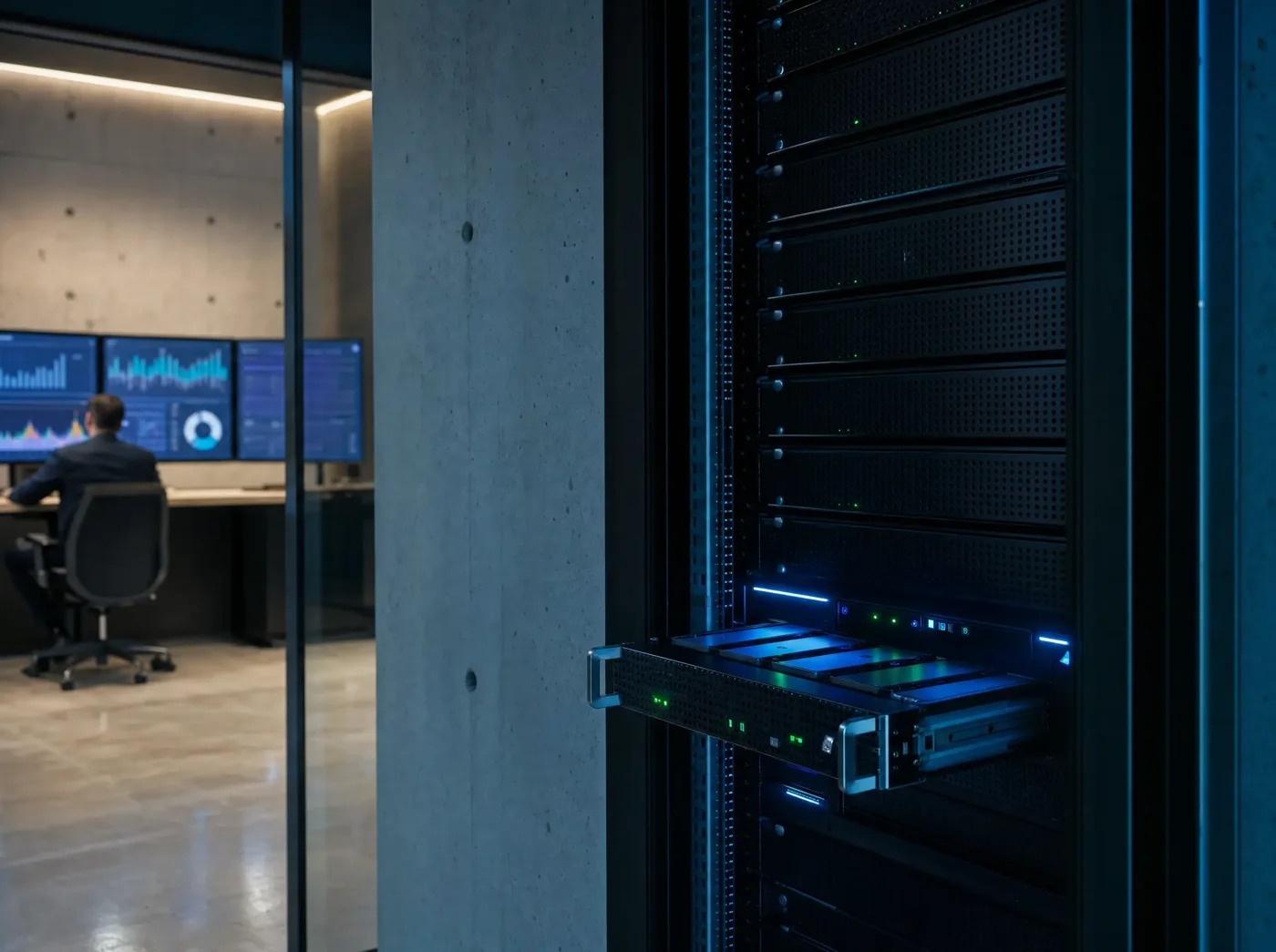 A server pulled out of a rack on its rails in a dark server room, with a person at a desk of monitoring screens behind the glass.