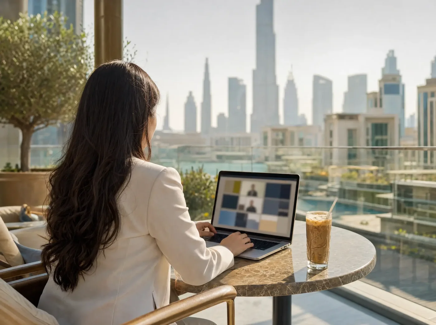A woman seen from behind working on a laptop at an outdoor terrace table, with an iced coffee beside her and a high-rise skyline in the distance.