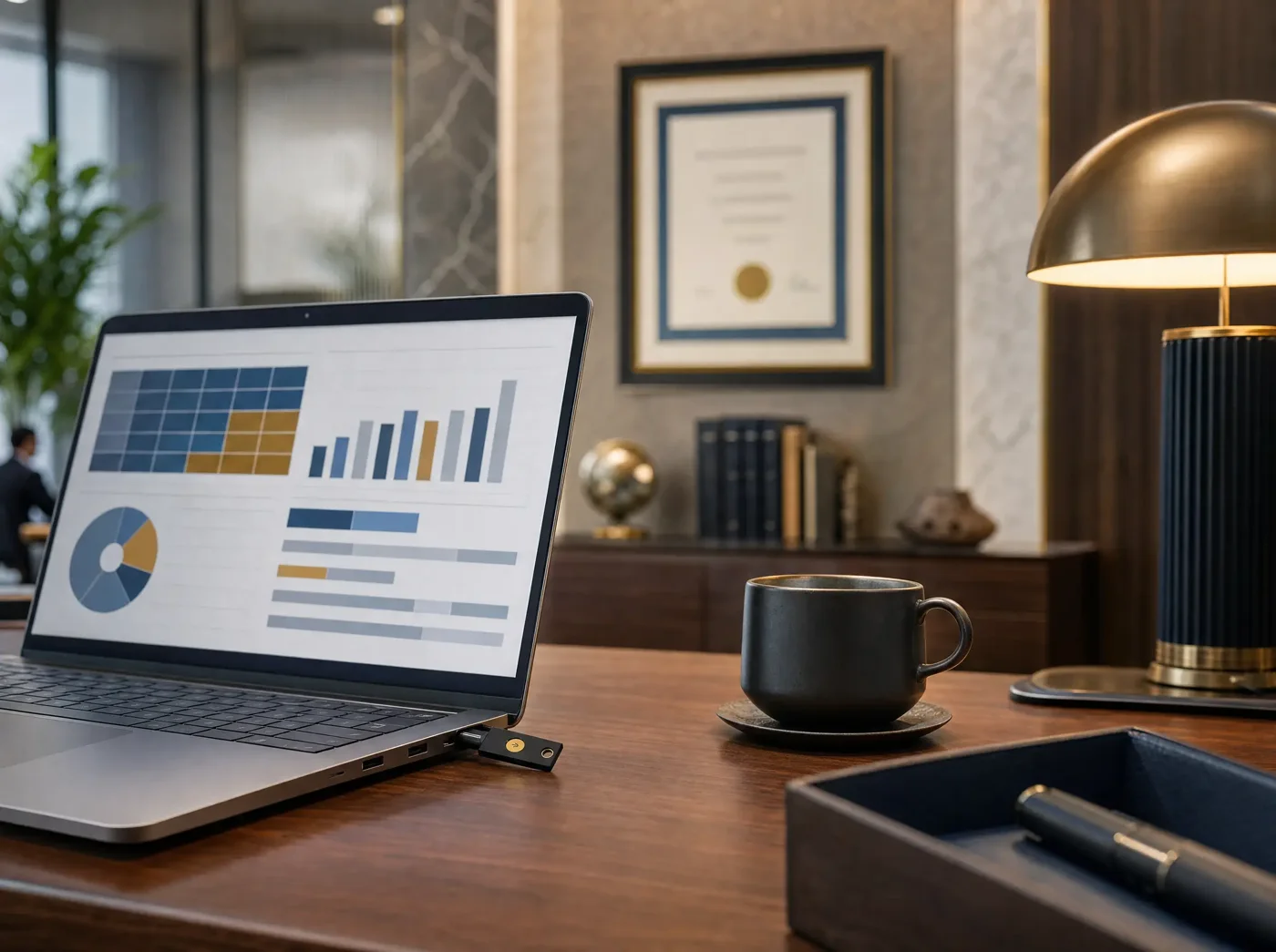 A close-up of an office desk with a laptop showing a chart dashboard, a brass lamp, a coffee cup and a framed certificate on the wall behind.
