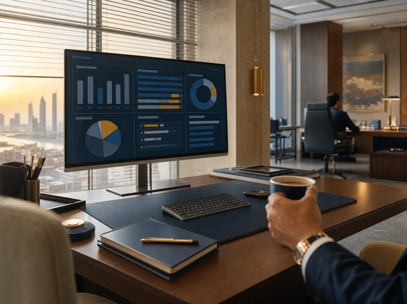 A desk with a wide monitor showing a dashboard of bar, pie and donut charts, a notebook and pen in front of it and a hand holding a coffee cup.