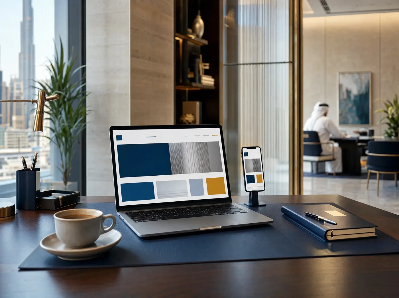 A desk with a laptop and a phone on a stand both showing the same website layout, a coffee cup and a notebook beside them.