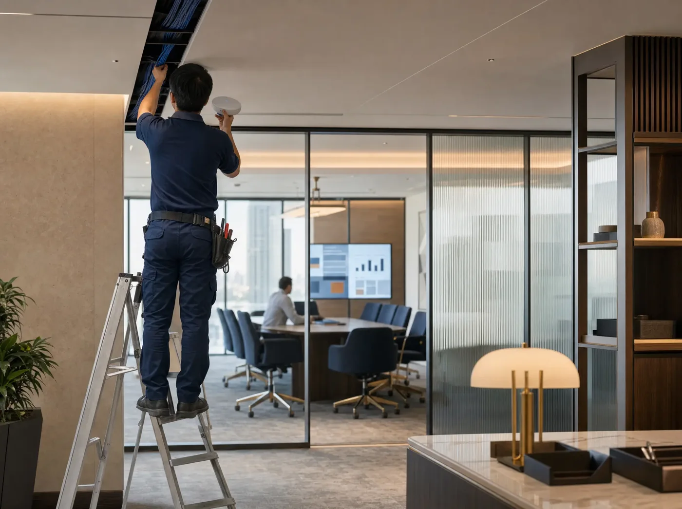 A technician on a stepladder fitting a round white ceiling device into an open ceiling panel beside blue cabling, with a glass-walled meeting room behind.