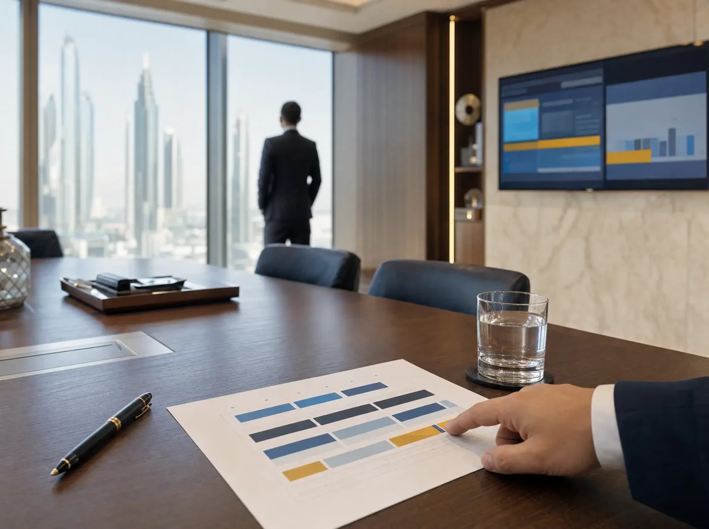 A boardroom table with a printed chart and a glass of water, a dashboard on the wall screen, and a man in a suit standing at the window looking out at high-rise towers.