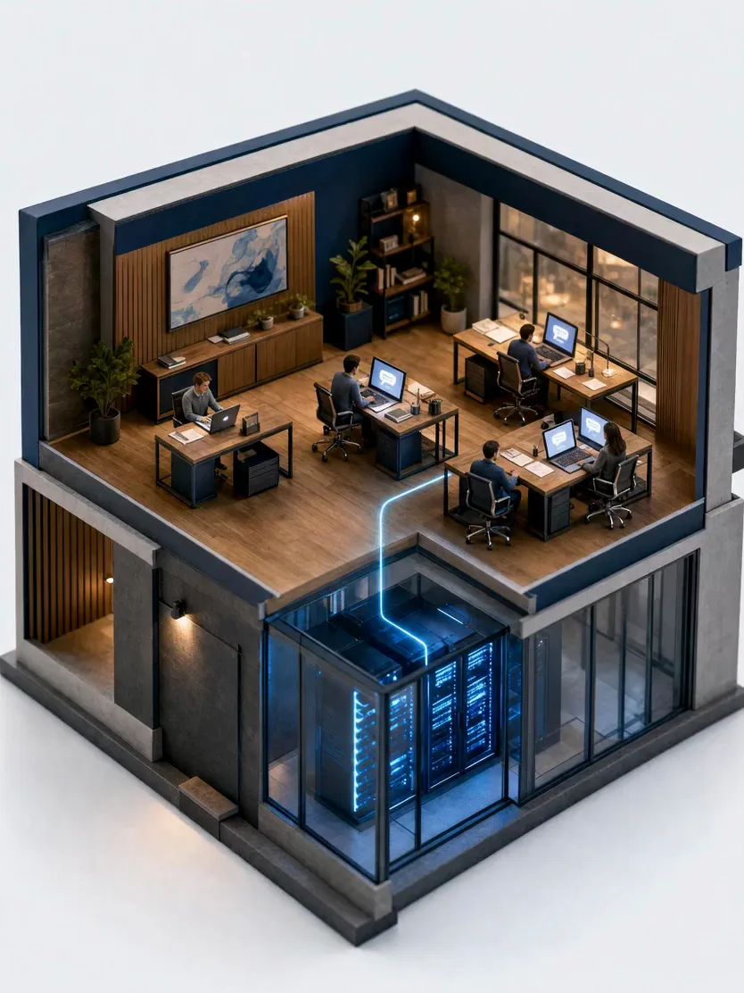 A miniature model of an office using an AI assistant, linked to its own server rack