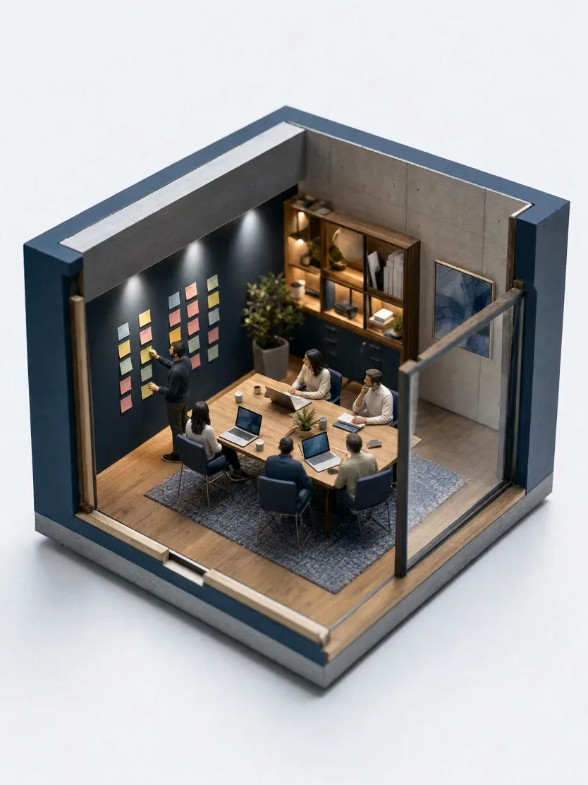 A miniature model of a workshop with a wall of sticky notes and a team around a table