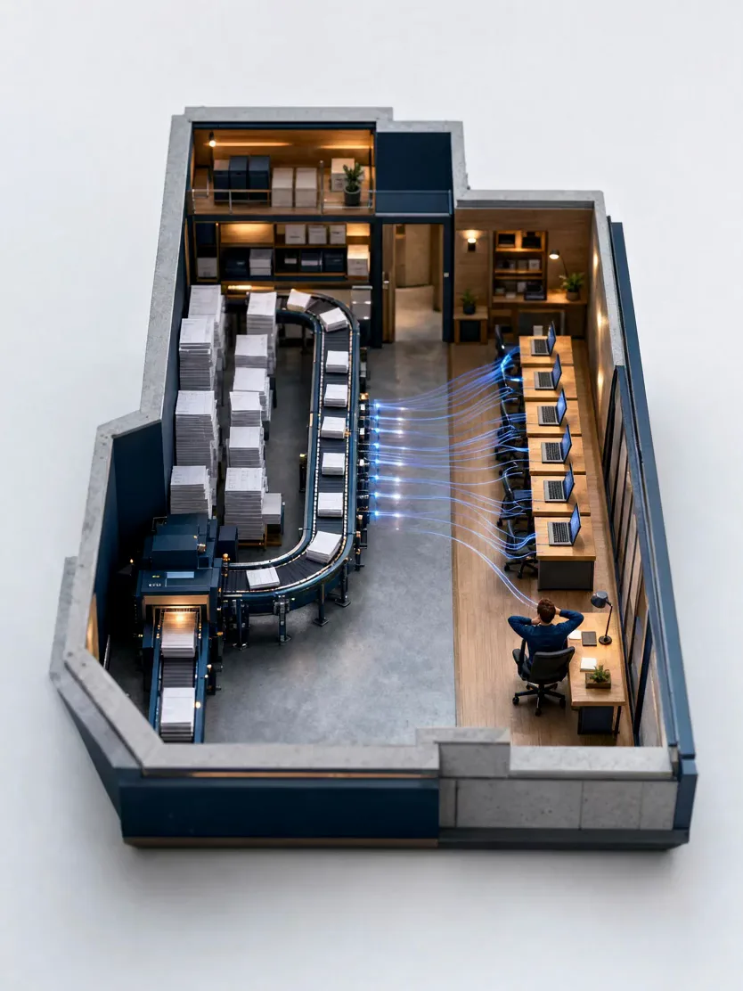 A miniature model of paper invoices feeding a conveyor that turns them into data for the laptops