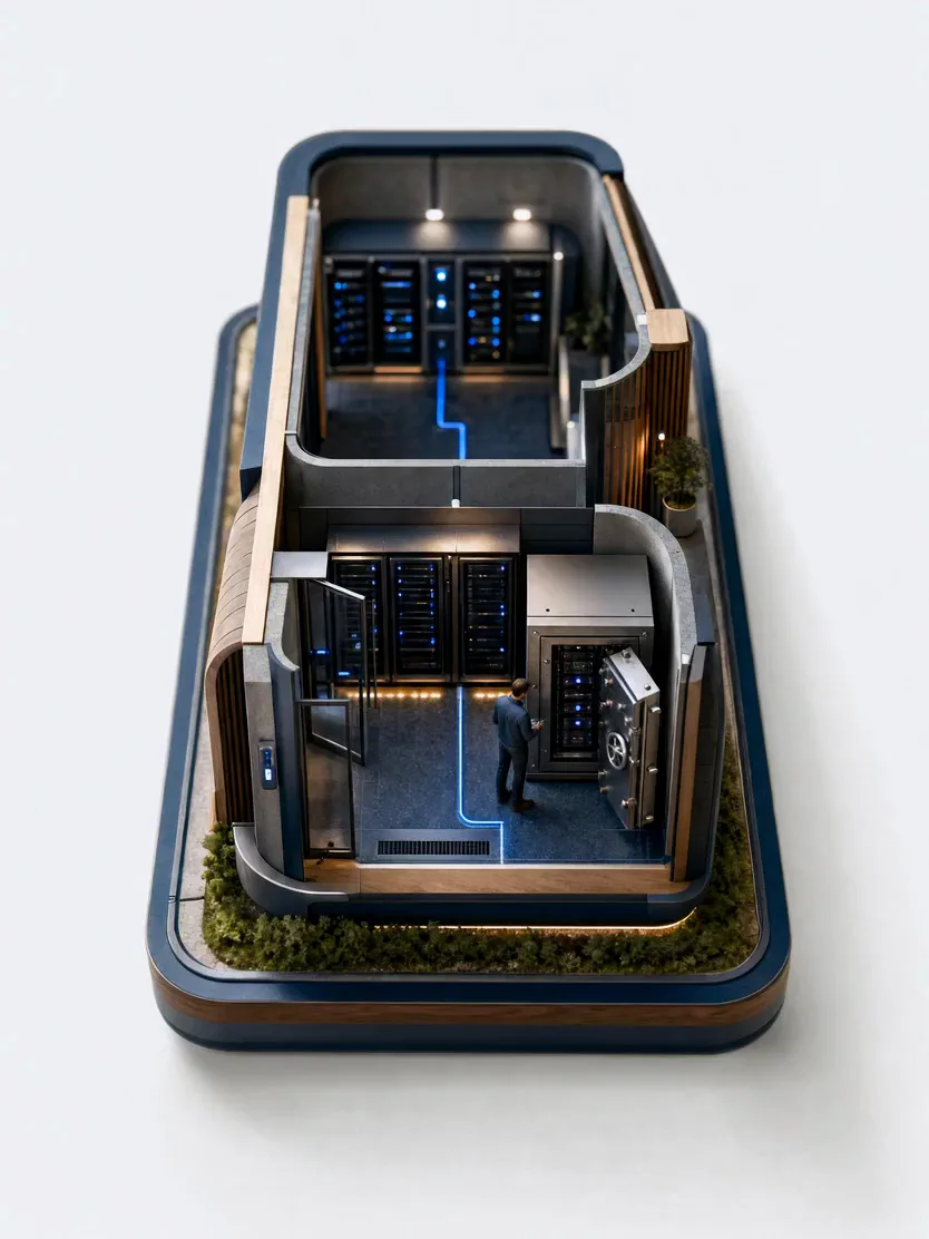 A miniature model of two linked server rooms and an engineer checking a backup vault