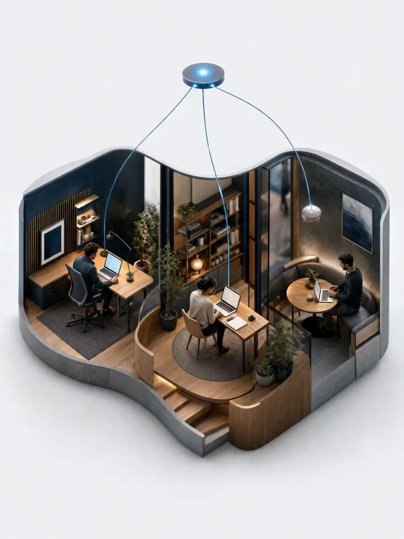 A miniature model of an office desk, a home study and a cafe table joined to one shared hub
