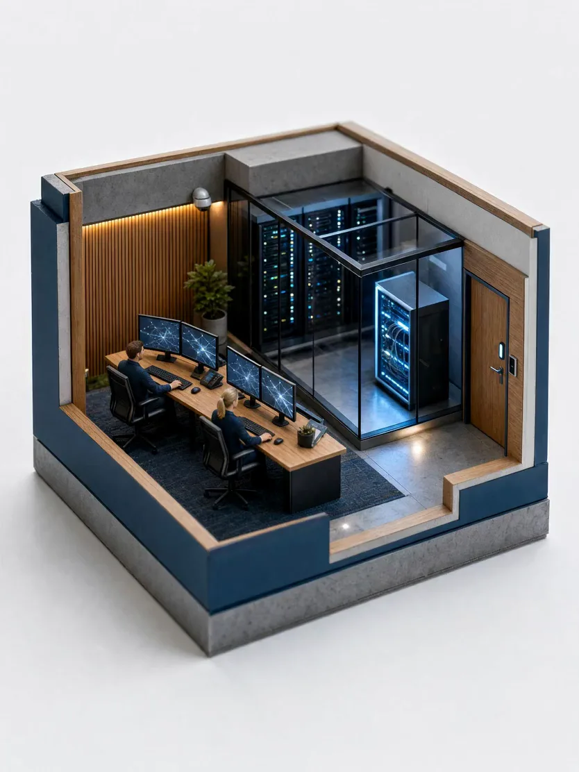 A miniature model of a security operations room, analysts at screens beside a glass server cage