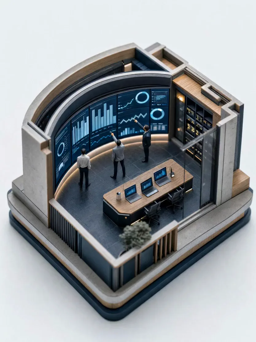 A miniature model of a data room with a wall of charts and a team reviewing it