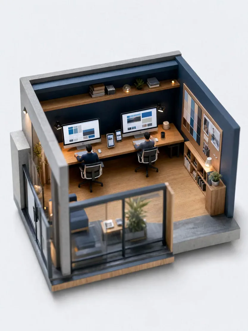 A miniature model of a web design studio with layouts on screens, phones and a tablet
