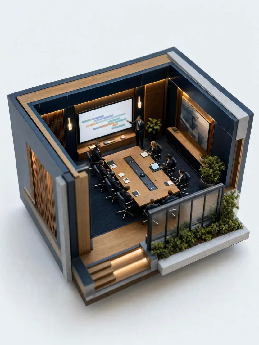 A miniature model of a boardroom reviewing a roadmap on the wall screen