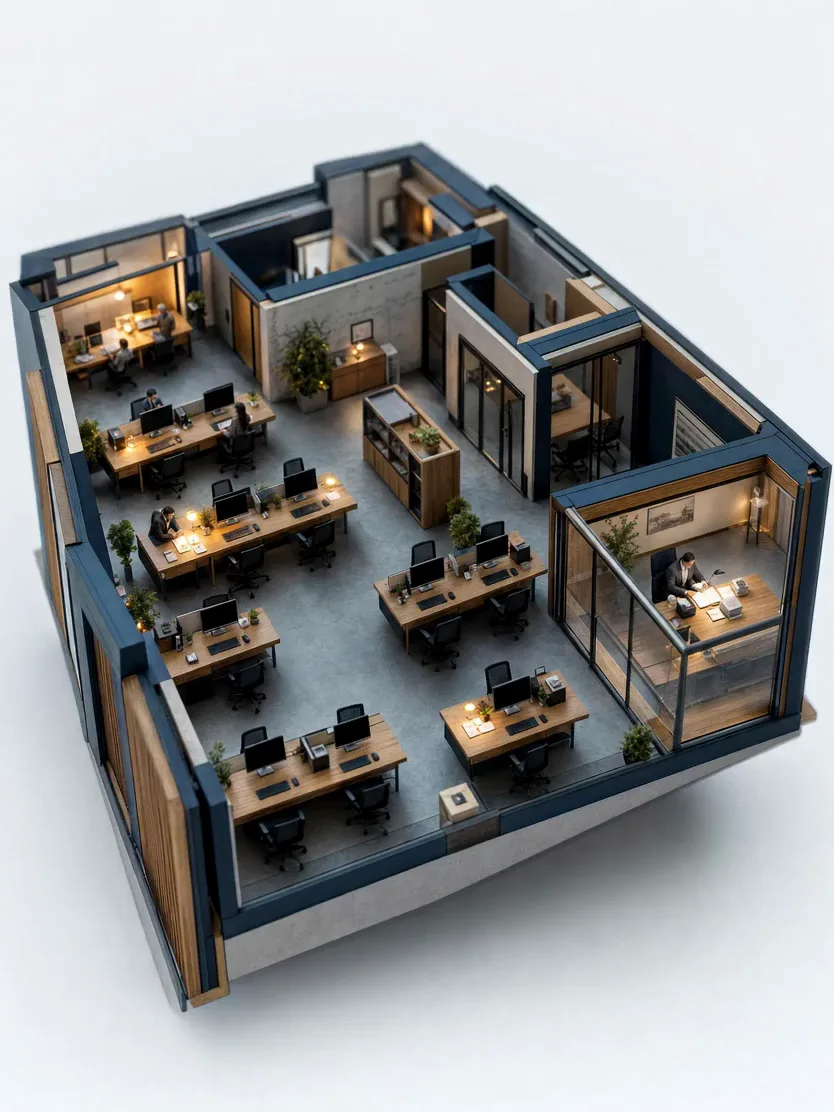 A miniature model of an office floor with occupied desks lit and unused desks dark