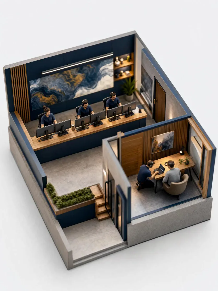 A miniature model of a support desk with engineers in headsets and one engineer fixing a laptop on site