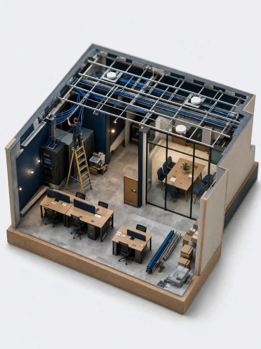 A miniature model of an office ceiling opened up to show cable trays, Wi-Fi points and a comms cabinet