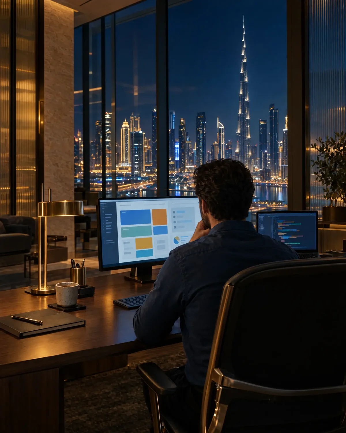 A man seen from behind at a desk, working on a monitor showing a tiled dashboard next to a laptop showing code, with a lit city skyline through the window at night.