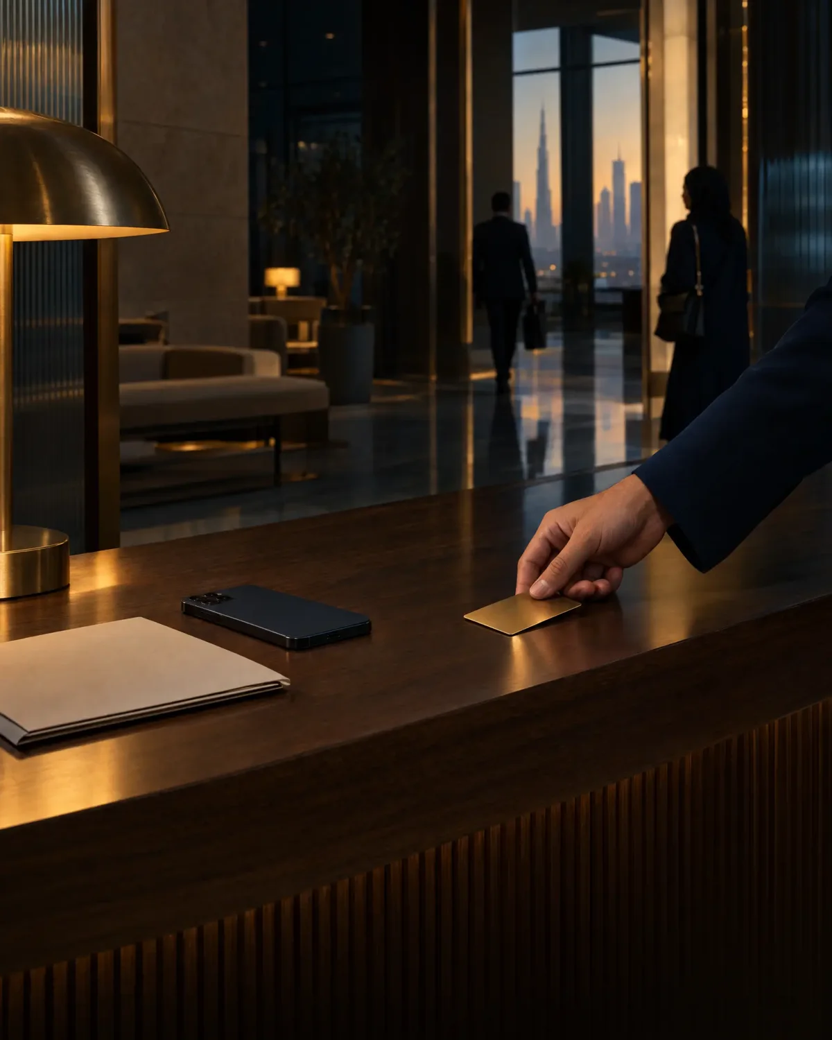 A hand in a suit sleeve placing a gold keycard on a dark wood reception counter, with a lamp, a folder and a phone beside it and a lounge behind.