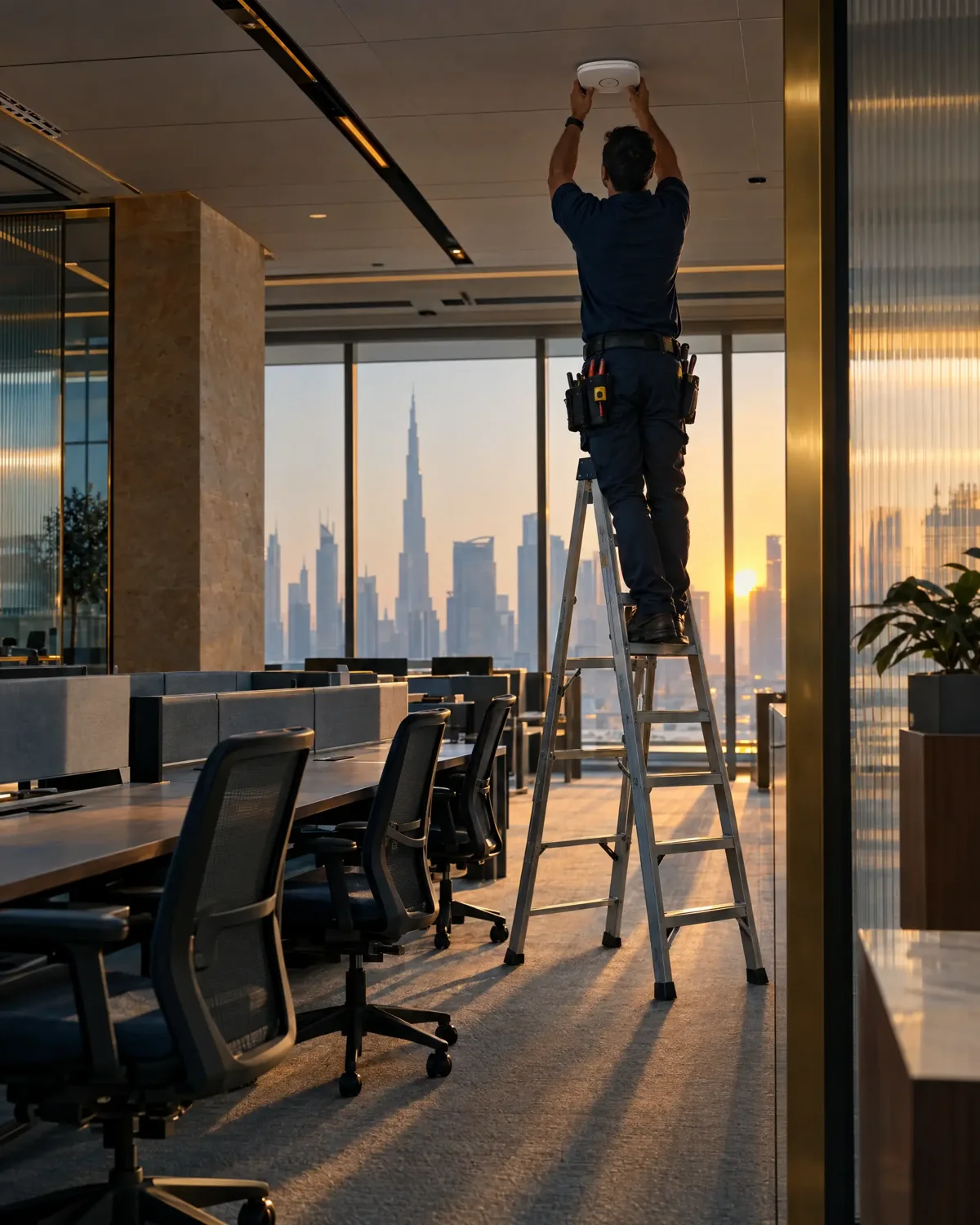 A technician on a stepladder fitting a round white device to the ceiling of an empty open-plan office, with a skyline and a low sun through the windows.